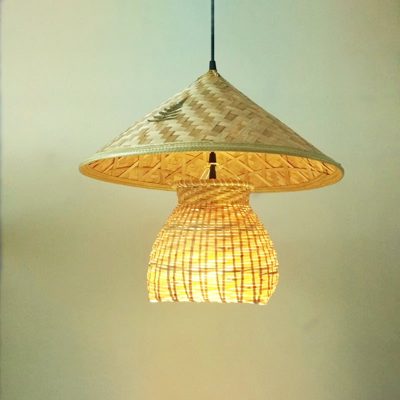 Traditional Bamboo Cone Pendant With Wooden Basket - Hanging Ceiling Light Wood / B