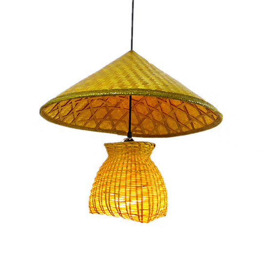 Traditional Bamboo Cone Pendant With Wooden Basket - Hanging Ceiling Light