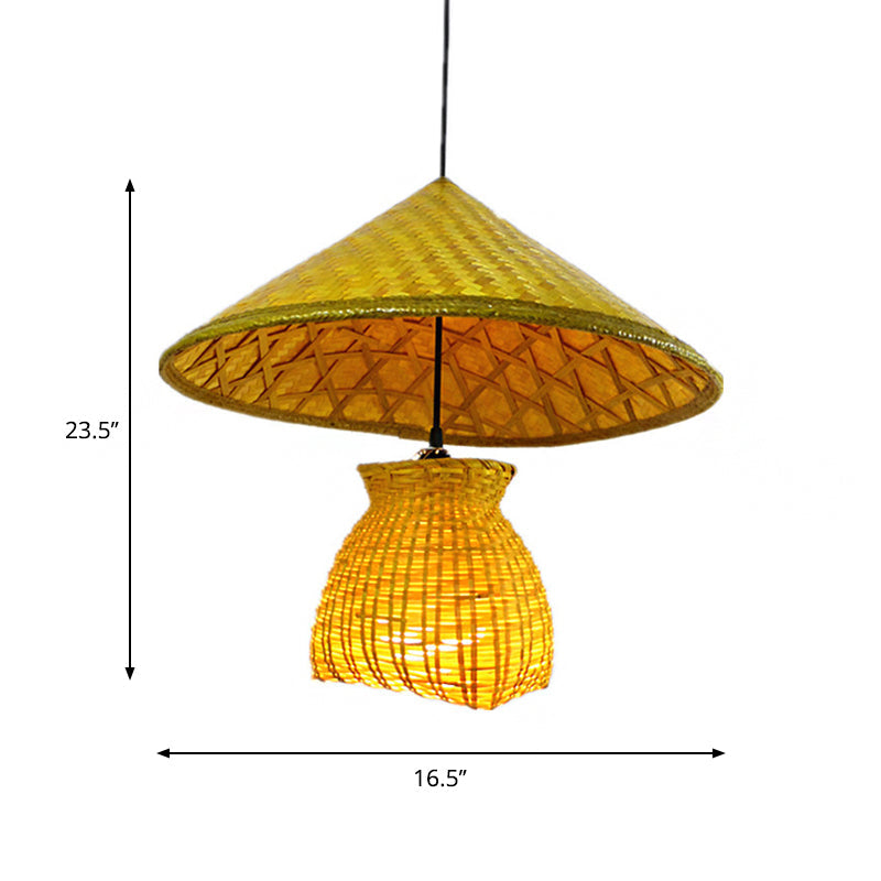 Suspension traditionnelle en forme de cône de bambou - Plafonnier suspendu en bois à 1 tête avec panier