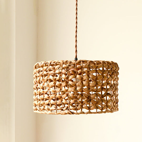 Traditional Rattan Drum Pendant: Brown Hanging Lamp Kit For Dining Room 1 Bulb