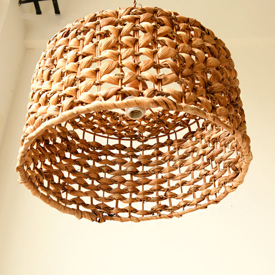 Traditional Rattan Drum Pendant: Brown Hanging Lamp Kit For Dining Room 1 Bulb