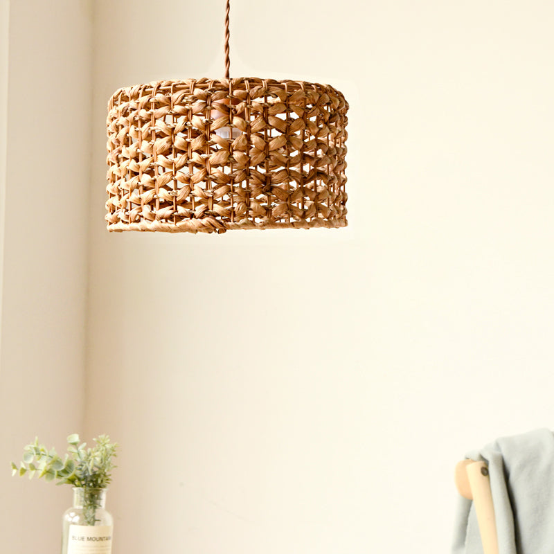 Traditional Rattan Drum Pendant: Brown Hanging Lamp Kit For Dining Room 1 Bulb