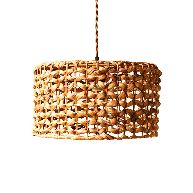 Traditional Rattan Drum Pendant: Brown Hanging Lamp Kit For Dining Room 1 Bulb