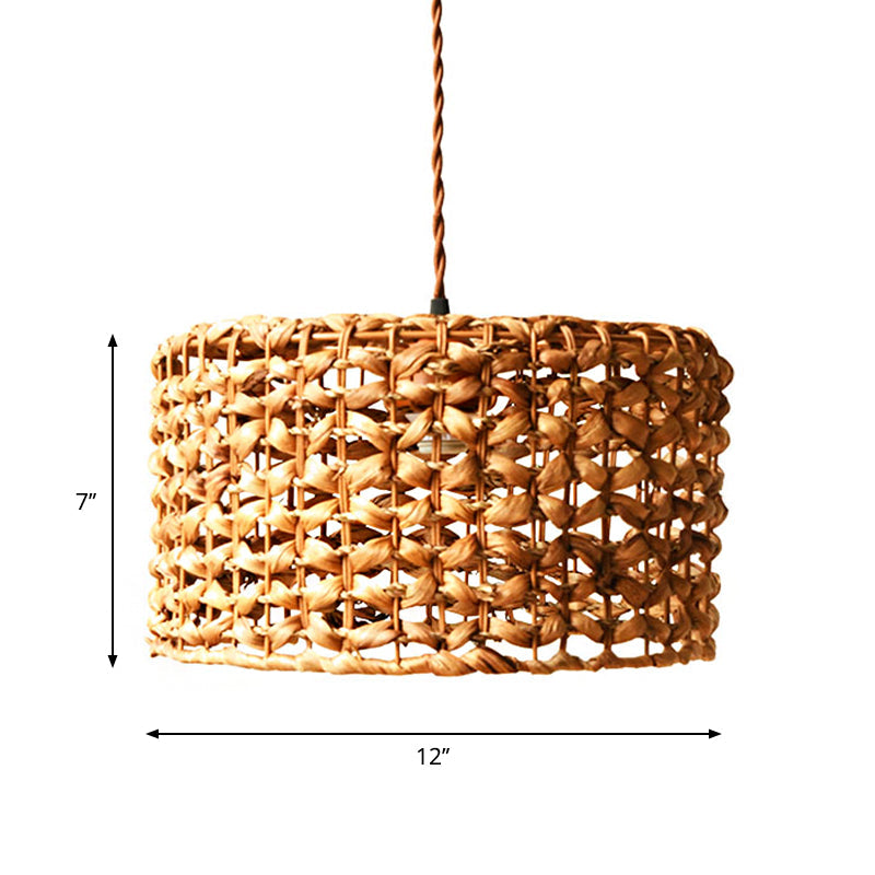 Traditional Brown Rattan Drum Pendant Light | Single Bulb Hanging Lamp for Dining Room