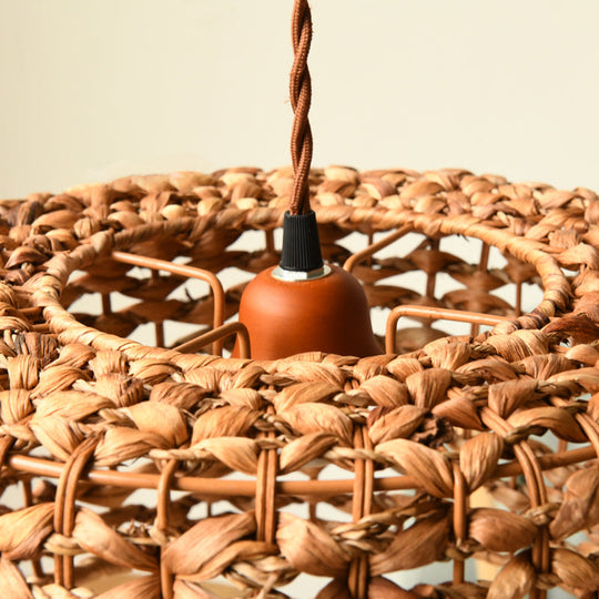 Traditional Rattan Drum Pendant: Brown Hanging Lamp Kit For Dining Room 1 Bulb