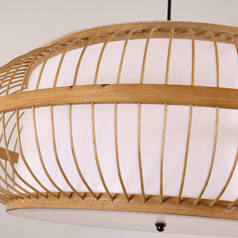 Contemporary Bamboo Pendant Light With Rounded Drum Suspension - 1 Bulb Wood Hanging Kit
