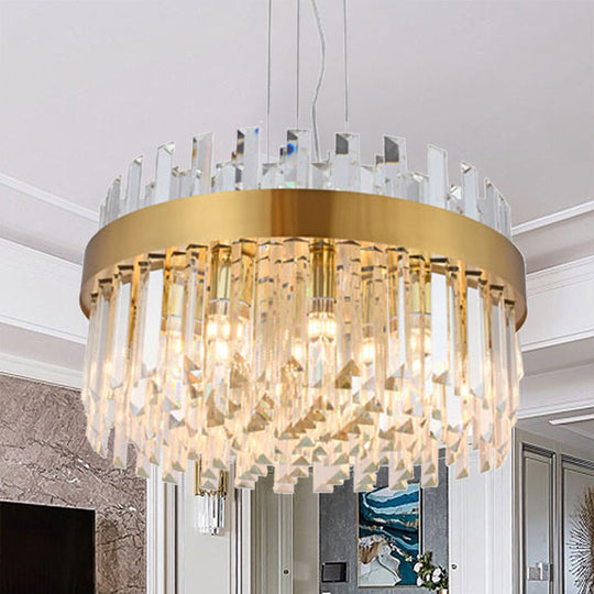 Contemporary Brass Drum Chandelier With Crystal Facets - 5-Light Ceiling Pendant