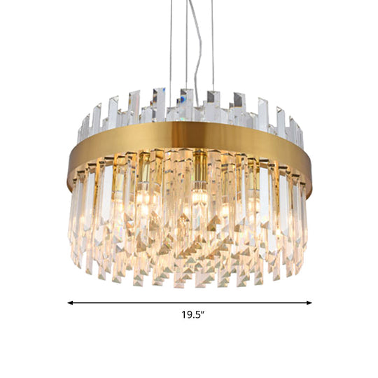 Contemporary Brass Drum Chandelier With Crystal Facets - 5-Light Ceiling Pendant