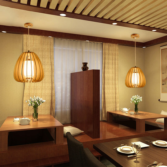 Contemporary Beige Wood Pendant Lamp For Restaurants - 1 Head Ceiling Light