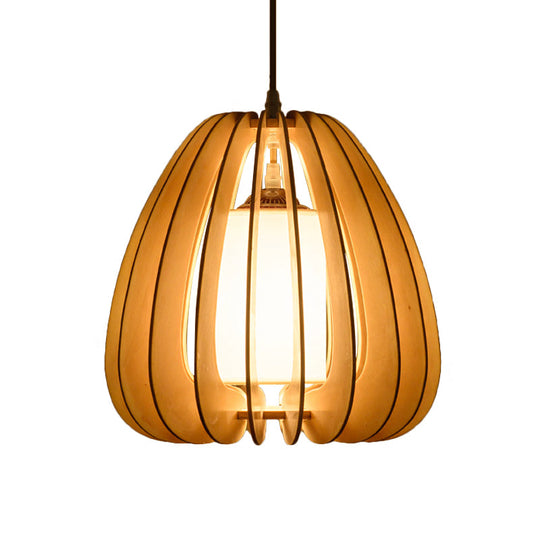 Contemporary Beige Pear Hanging Lamp - Wood Ceiling Pendant Light for Restaurants