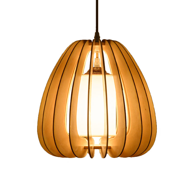 Contemporary Beige Wood Pendant Lamp For Restaurants - 1 Head Ceiling Light
