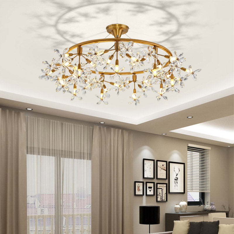 Modern Floral Crystal Pendant Light: 20/30 Bulbs Brass Ceiling Fixture - 23.5/31.5 Wide / 23.5