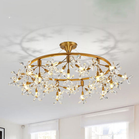 Modern Floral Crystal Pendant Light: 20/30 Bulbs Brass Ceiling Fixture - 23.5/31.5 Wide