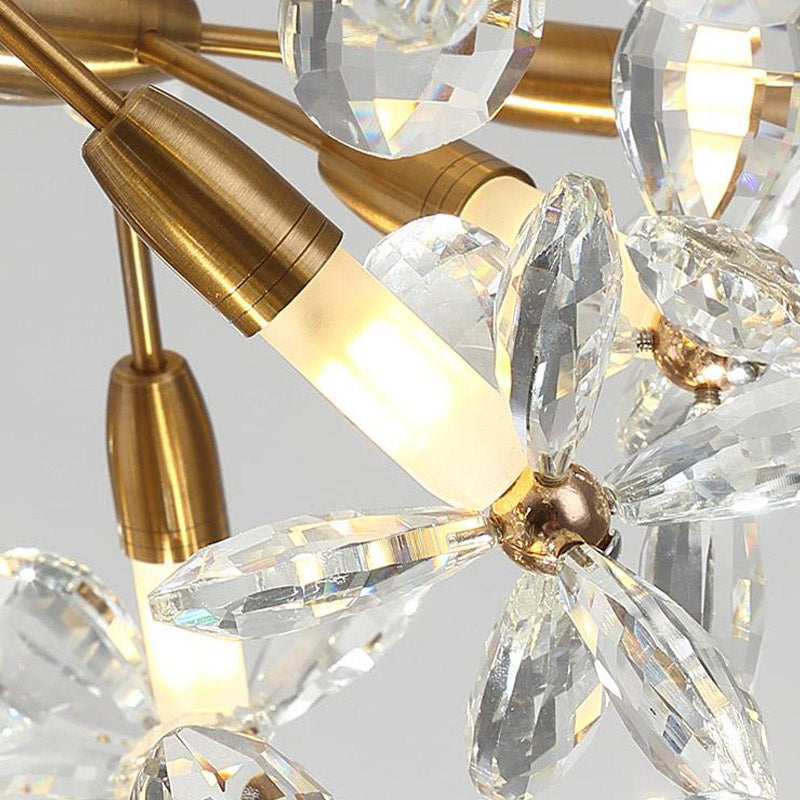 Modern Floral Crystal Pendant Light: 20/30 Bulbs Brass Ceiling Fixture - 23.5/31.5 Wide