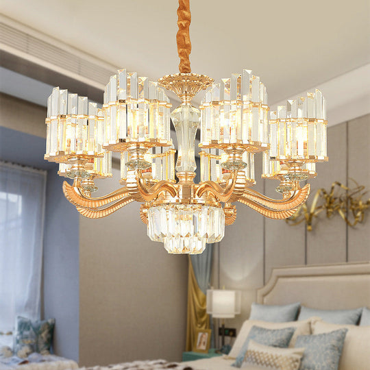 Modern Crystal Chandelier Light With Curved Metal Arm - Gold 6/8 Bulbs 23.5/27 Wide Suspended