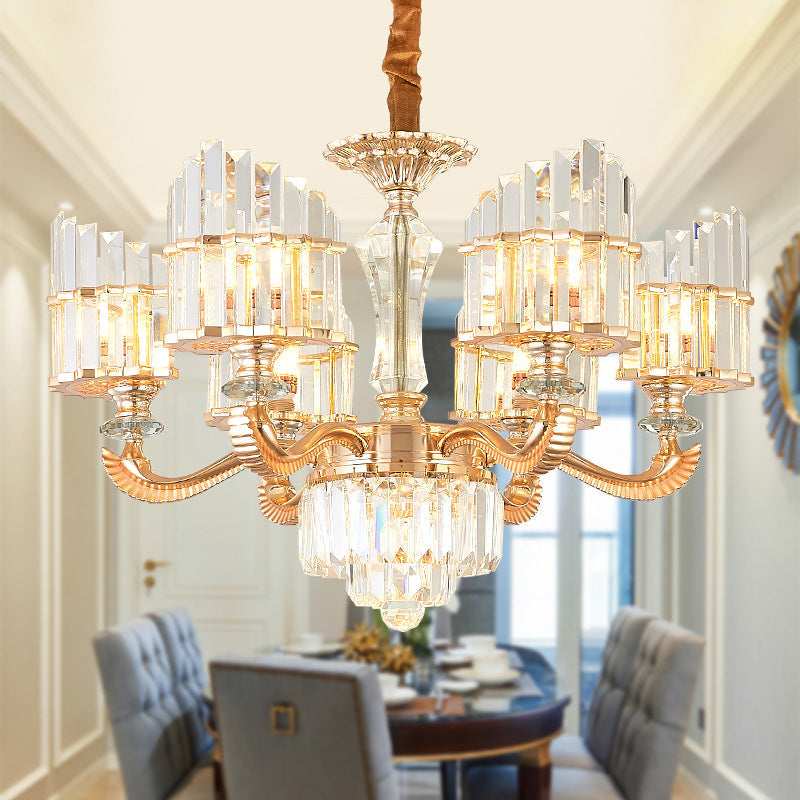 Modern Crystal Chandelier Light With Curved Metal Arm - Gold 6/8 Bulbs 23.5/27 Wide Suspended