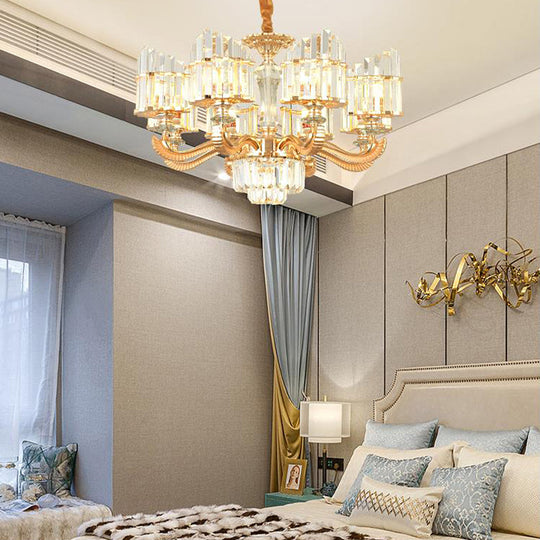 Modern Crystal Chandelier Light With Curved Metal Arm - Gold 6/8 Bulbs 23.5/27 Wide Suspended