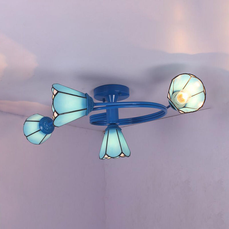 4-Light Tiffany Style Stained Glass Cone Semi Flush Ceiling Light In White/Blue For Living Room Blue