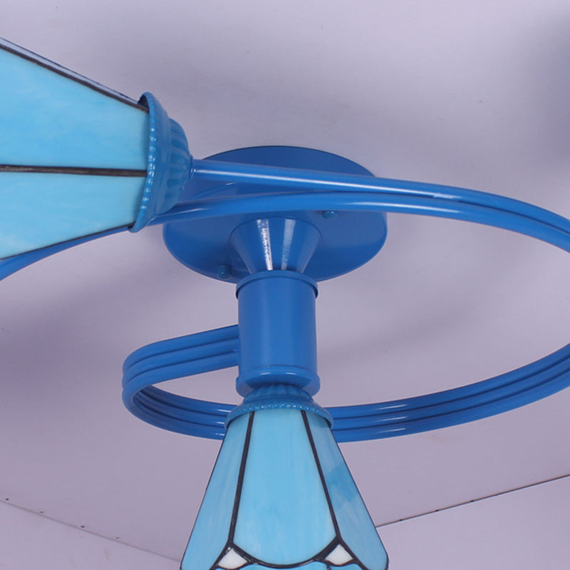 4-Light Tiffany Style Stained Glass Cone Semi Flush Ceiling Light In White/Blue For Living Room