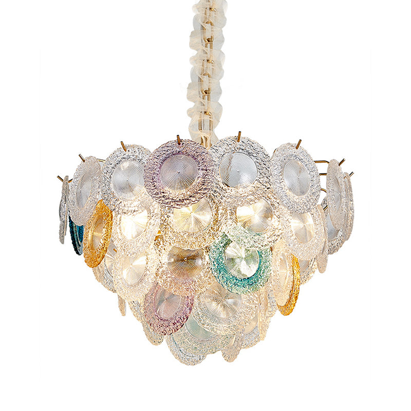 Modern Cut Crystal Conical Chandelier - 12 Bulbs, Wide Brass Suspension Pendant Light