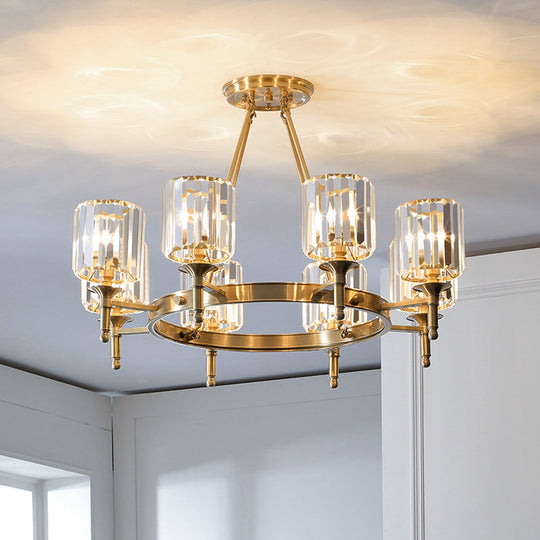 Modern Faceted Crystal Cylinder Chandelier Ceiling Pendant Light w/ 3/5/6 Bulbs in Brass Finish