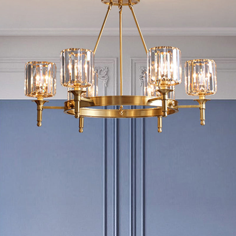 Modern Brass Faceted Crystal Cylinder Chandelier With 3/5/6 Bulbs - Ceiling Pendant Lighting 6 /