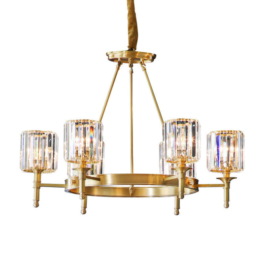 Modern Brass Faceted Crystal Cylinder Chandelier With 3/5/6 Bulbs - Ceiling Pendant Lighting