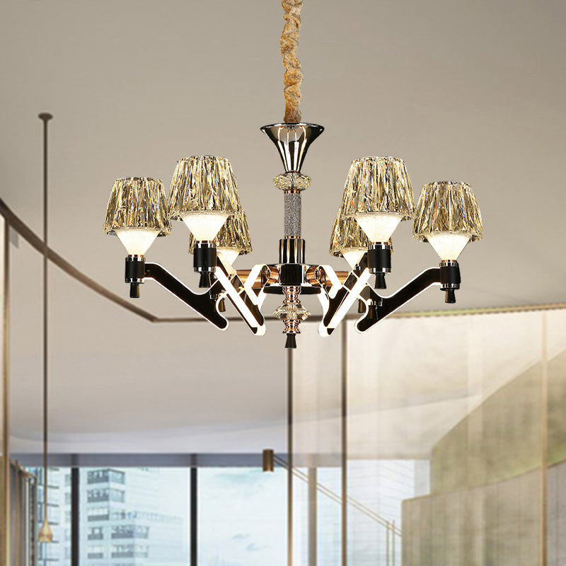 Modern Crystal Cone Chandelier - 6-Light Chrome Pendant Ceiling Light For Living Room