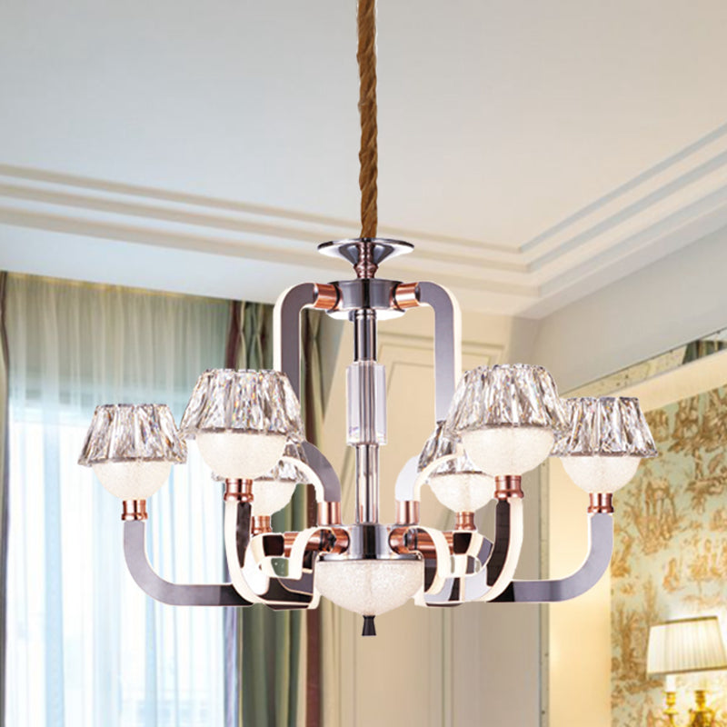 Modern Conical Crystal Chandelier - 6-Light Bedroom Hanging Lamp In Chrome