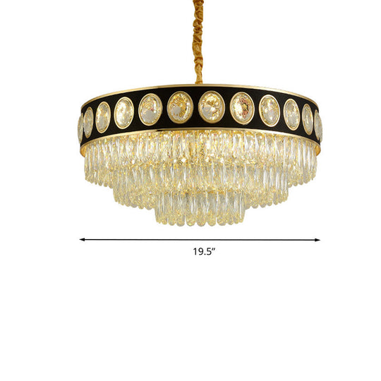 Postmodern Black & Gold 3-Tier Hanging Light Chandelier - 9/11 Heads, Crystal Blocks - 19.5"/23.5" Wide
