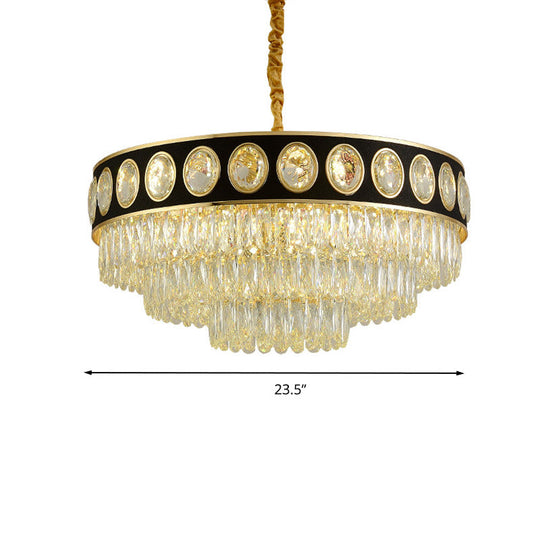 Postmodern Black & Gold 3-Tier Hanging Light Chandelier - 9/11 Heads, Crystal Blocks - 19.5"/23.5" Wide