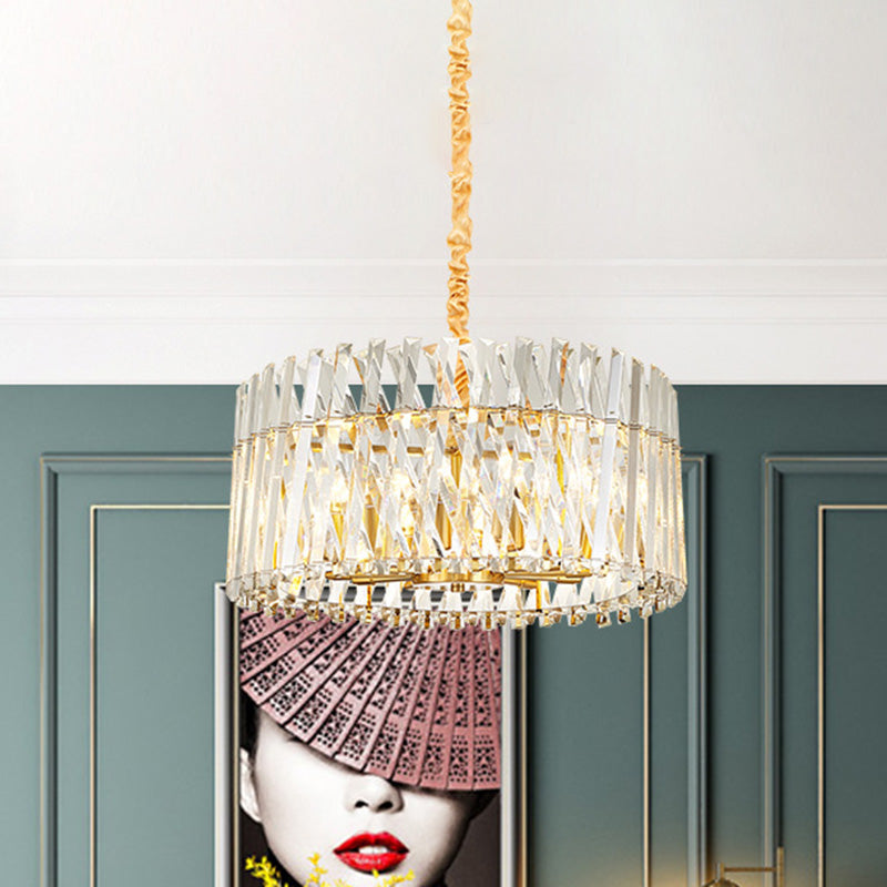 Postmodern Crystal Chandelier Lamp - Round Tri-Sided Rod Style 8/10 Lights Gold Finish Hanging Light