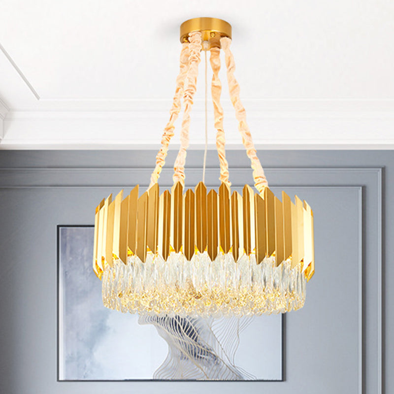 Gold Round Chandelier Lamp with Crystal Block Hangings - 19.5"/23.5" Width, Postmodern Design - 6/10 Heads