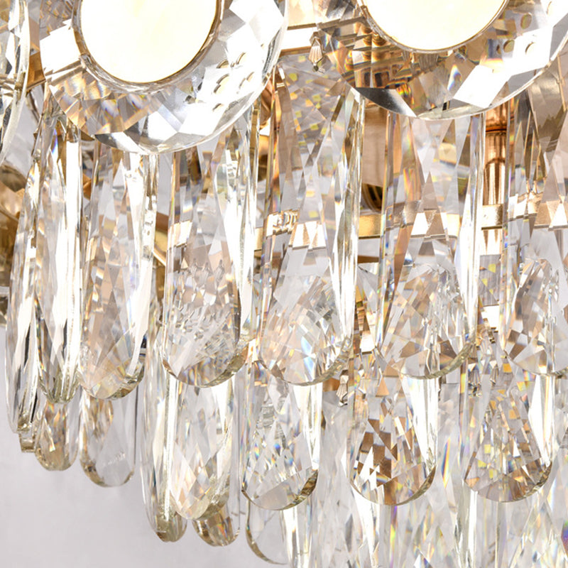 Contemporary 9-Head Brass Drum Chandelier With Faceted Crystal Hangings