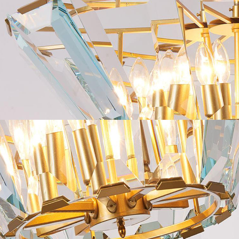 Gold Pendant Crystal Panel Chandelier - Postmodern Trifle Design, 6 Heads - Dining Room Light Fixture