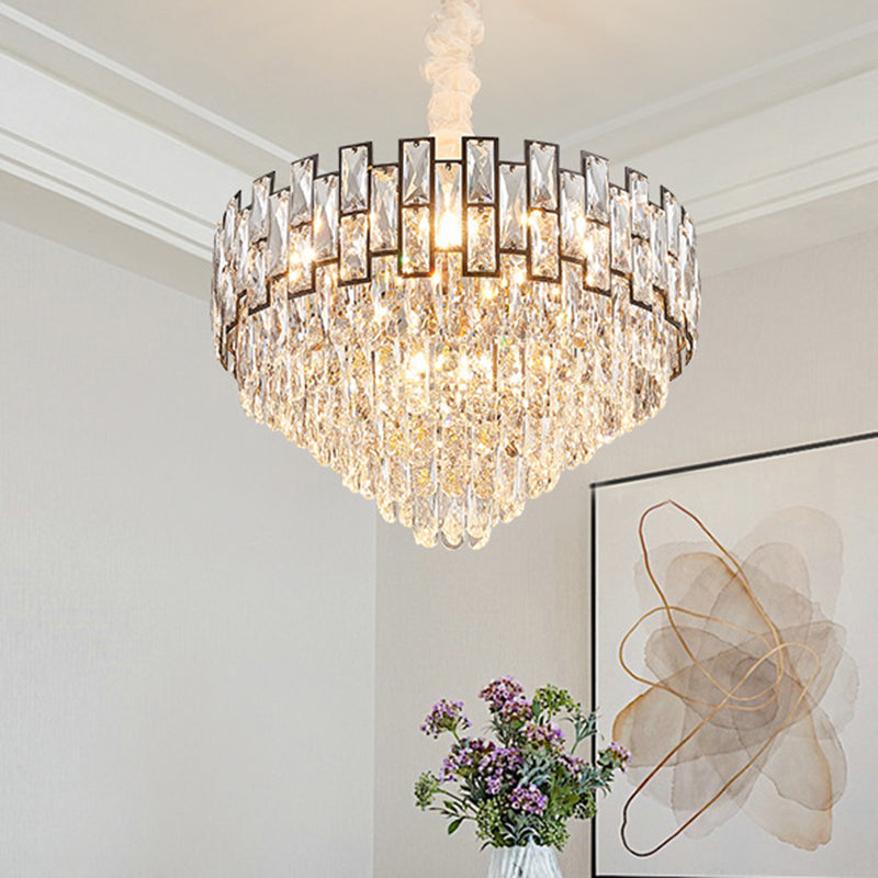Modern Tapered Nickel Chandelier with Crystal Block, 6/10 Heads, 16"/19.5" Wide - Ceiling Hanging Light