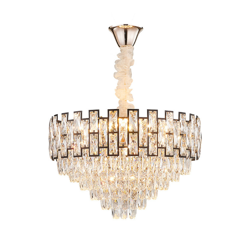 Wide Nickel Tapered Ceiling Chandelier With Crystal Block Accents - Modern 6/10 Heads Light