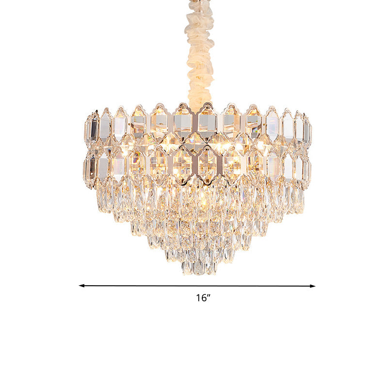 Modern Conical Pendant Lighting: K9 Crystal Chandelier, 6/8 Lights, Champagne, 16"/19.5" Wide