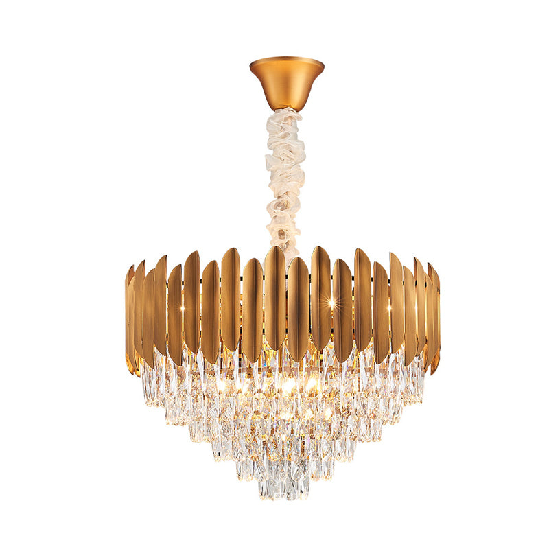 Postmodern Brass Chandelier Pendant Light - Faceted Crystal Cone Design - 6/10 Heads - 16"/19.5" Wide