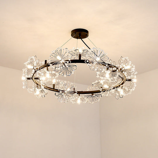 Contemporary 15-Head Crystal Beaded Chandelier Lamp: Flower Living Room Hanging Light in Black
