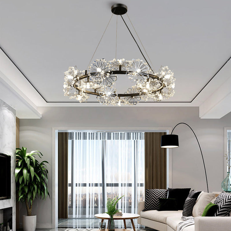 Contemporary 15-Head Crystal Beaded Chandelier Lamp: Flower Living Room Hanging Light in Black