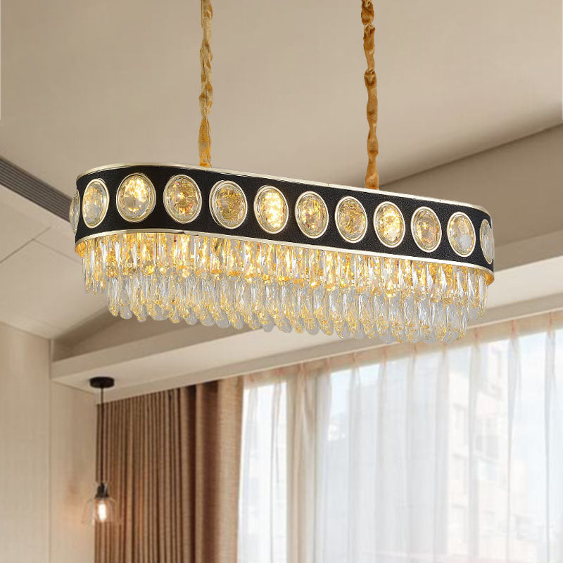Faceted Crystal Oval Pendant Light In Black & Gold For Dining Room Island - 10 Heads