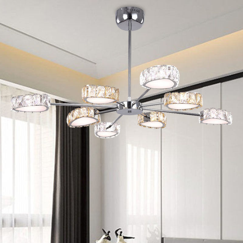 Simple Style Crystal Block Chandelier - 8 Light Triangle Ceiling Lamp in Chrome, Warm/White Lighting