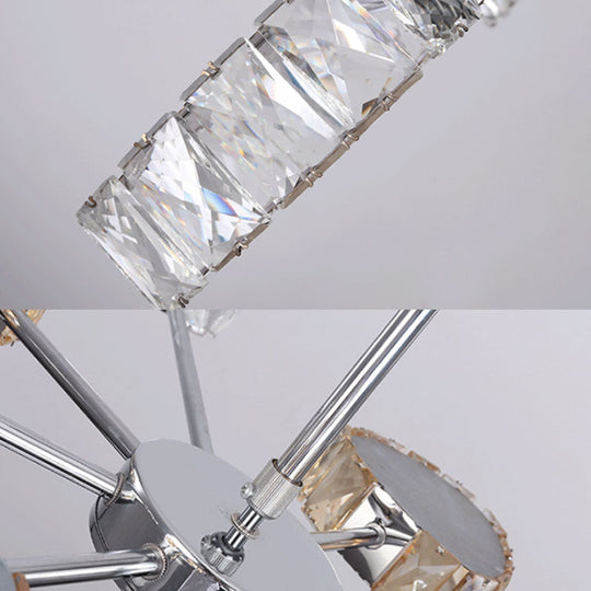 Simple Style Crystal Block Chandelier - 8 Light Triangle Ceiling Lamp in Chrome, Warm/White Lighting