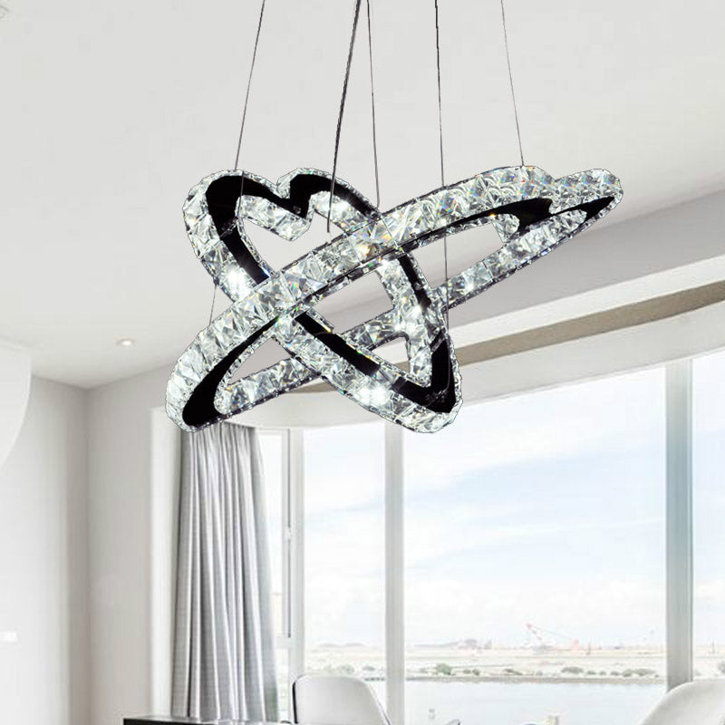 Modern K9 Crystal LED Chandelier Lamp - Heart Pendant Fixture, 14"/16" Wide, Stainless-Steel, Warm/White Light