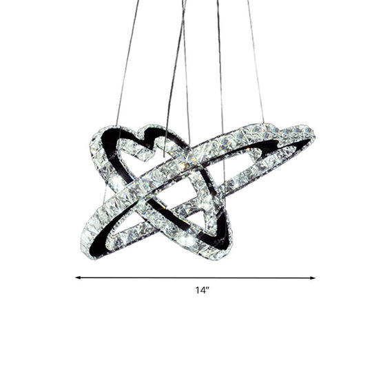Modern K9 Crystal LED Chandelier Lamp - Heart Pendant Fixture, 14"/16" Wide, Stainless-Steel, Warm/White Light