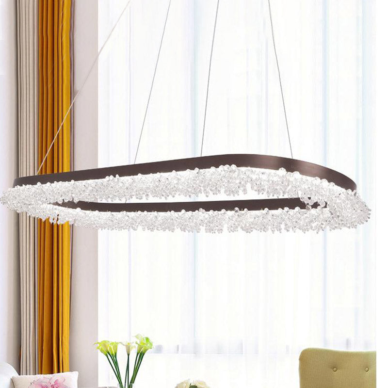 Contemporary Crystal Led Chandelier With Brown Oval Suspension And Multiple Light Options / White