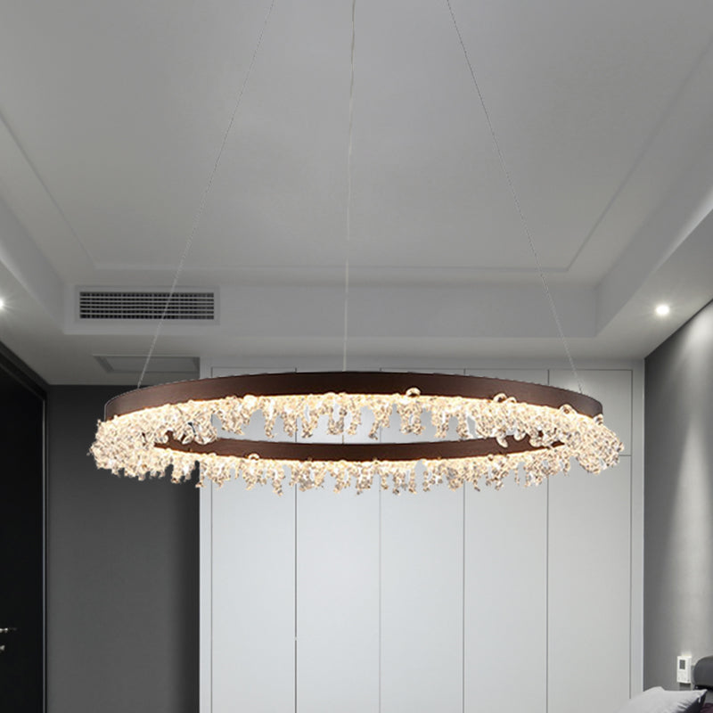 Simple Style Crystal Beaded Brown LED Chandelier Ring Pendant Light Kit, 16"/23.5" Wide