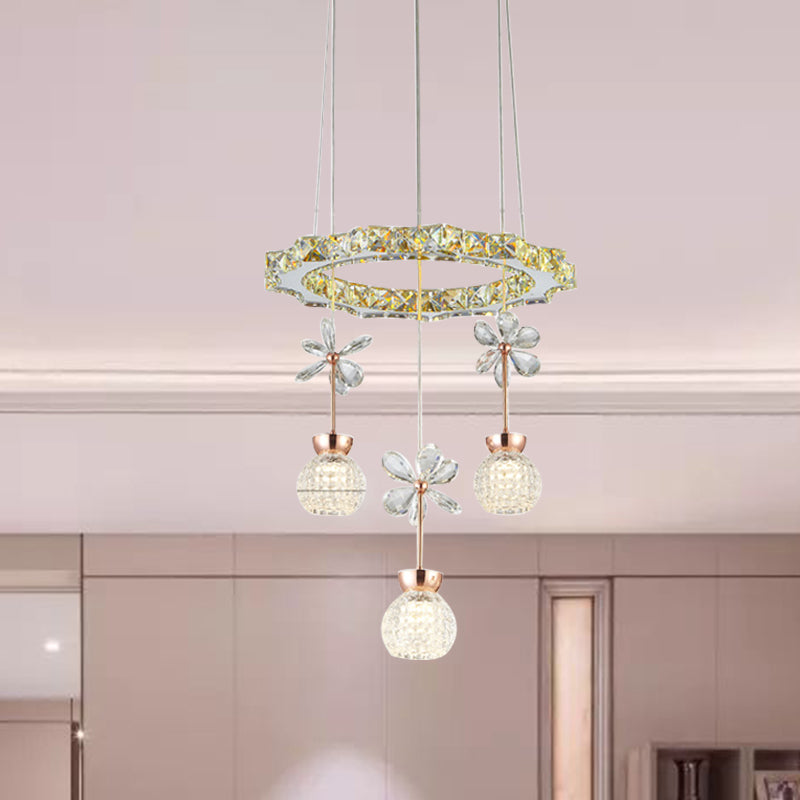 Contemporary Chandelier Pendant Light With Chrome Circle/Gear Design Crystal Dimpled Shade - 1/3/5