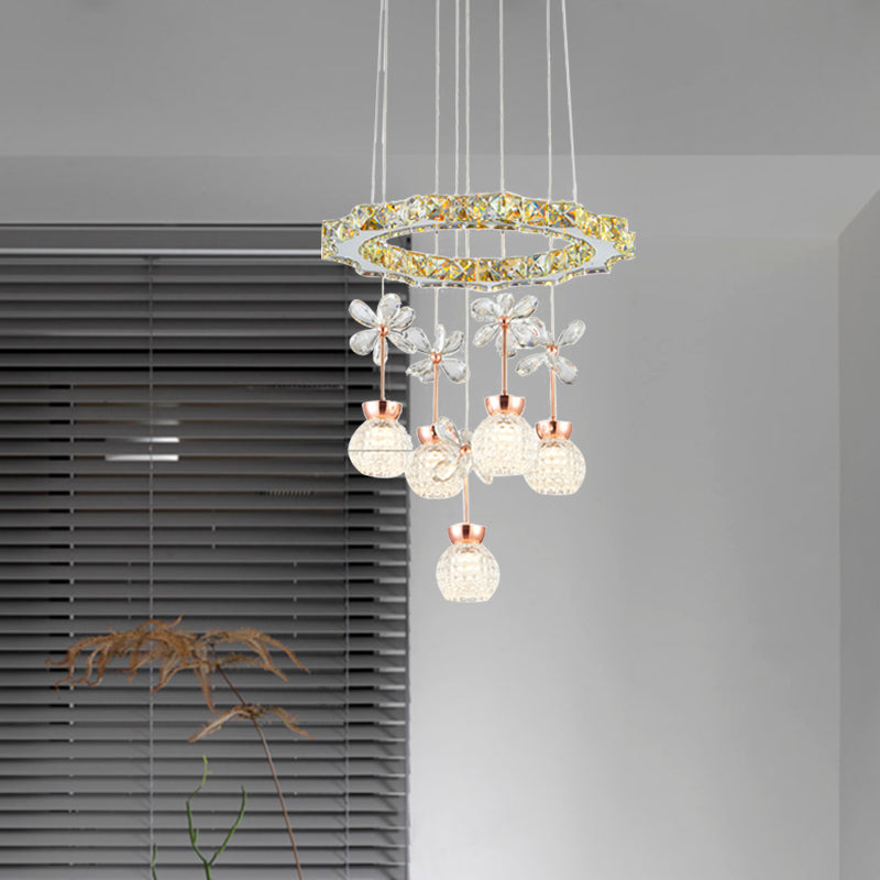 Contemporary Chandelier Pendant Light with Crystal Shade - Modern Chrome Circle/Gear Design (1/3/5 Heads)